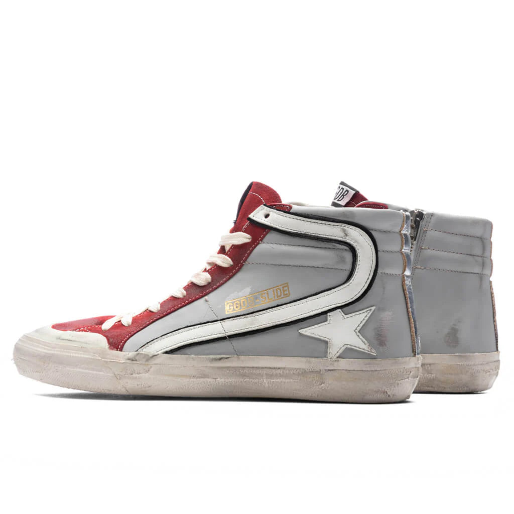 Slide Leather Sneakers Grey Dark Red White Silver