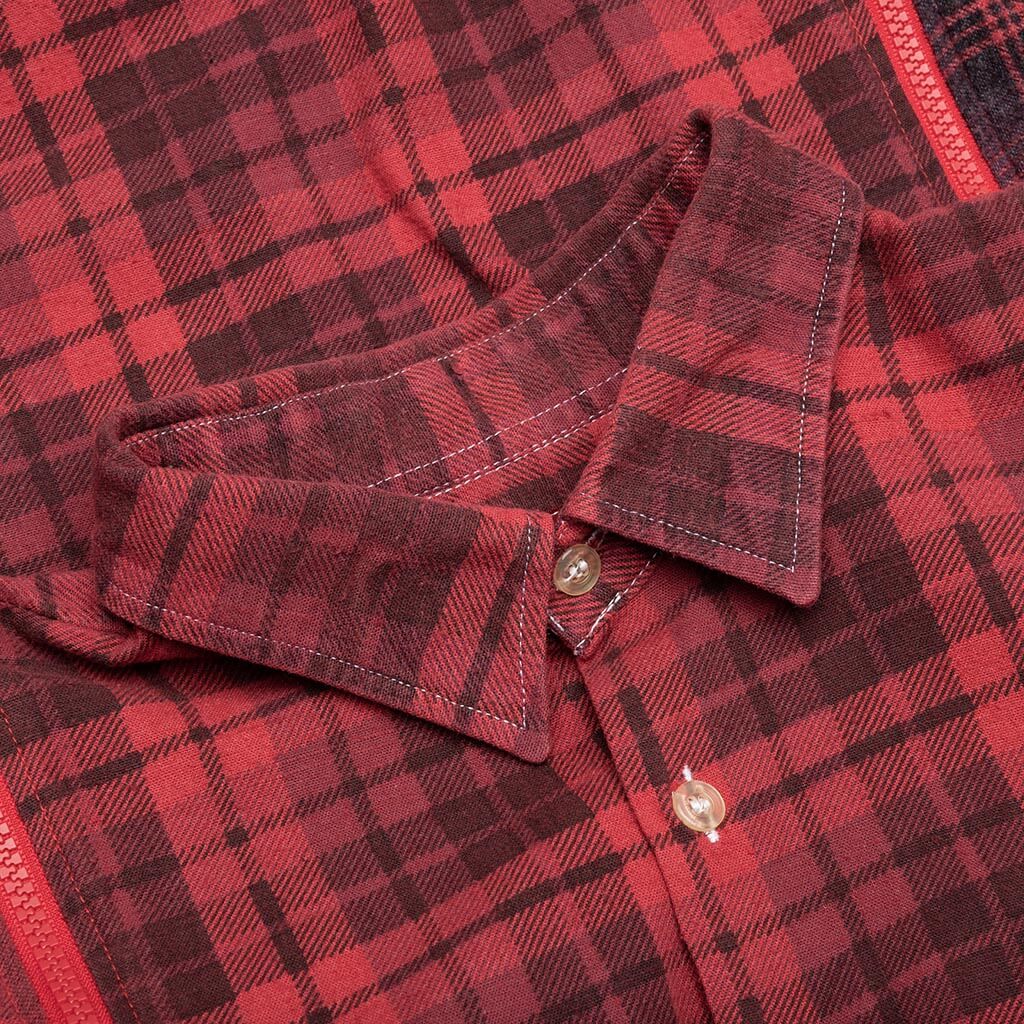 Flannel Shirt 7 Cuts Zipped Wide Shirt Over Dye Red