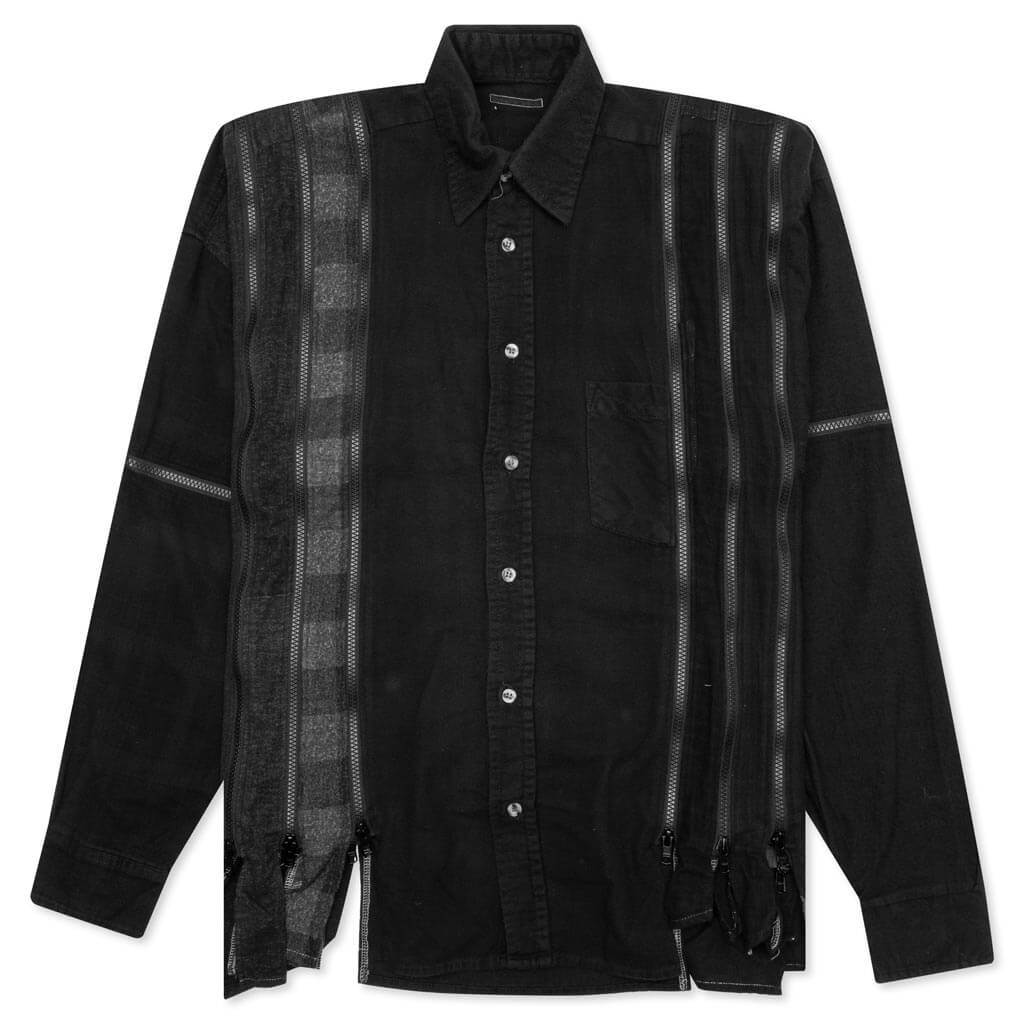 Flannel Shirt 7 Cuts Zipped Wide Shirt Over Dye Black