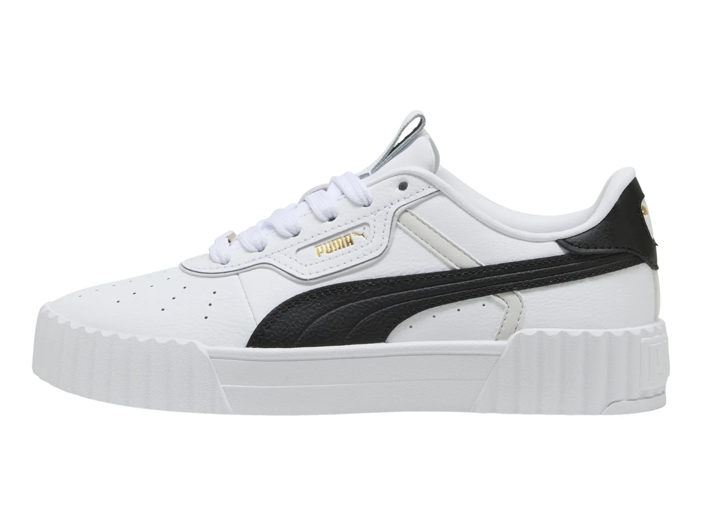 Tenis Puma Carina 30 Luxe Blanco Negro y Oro para Mujer