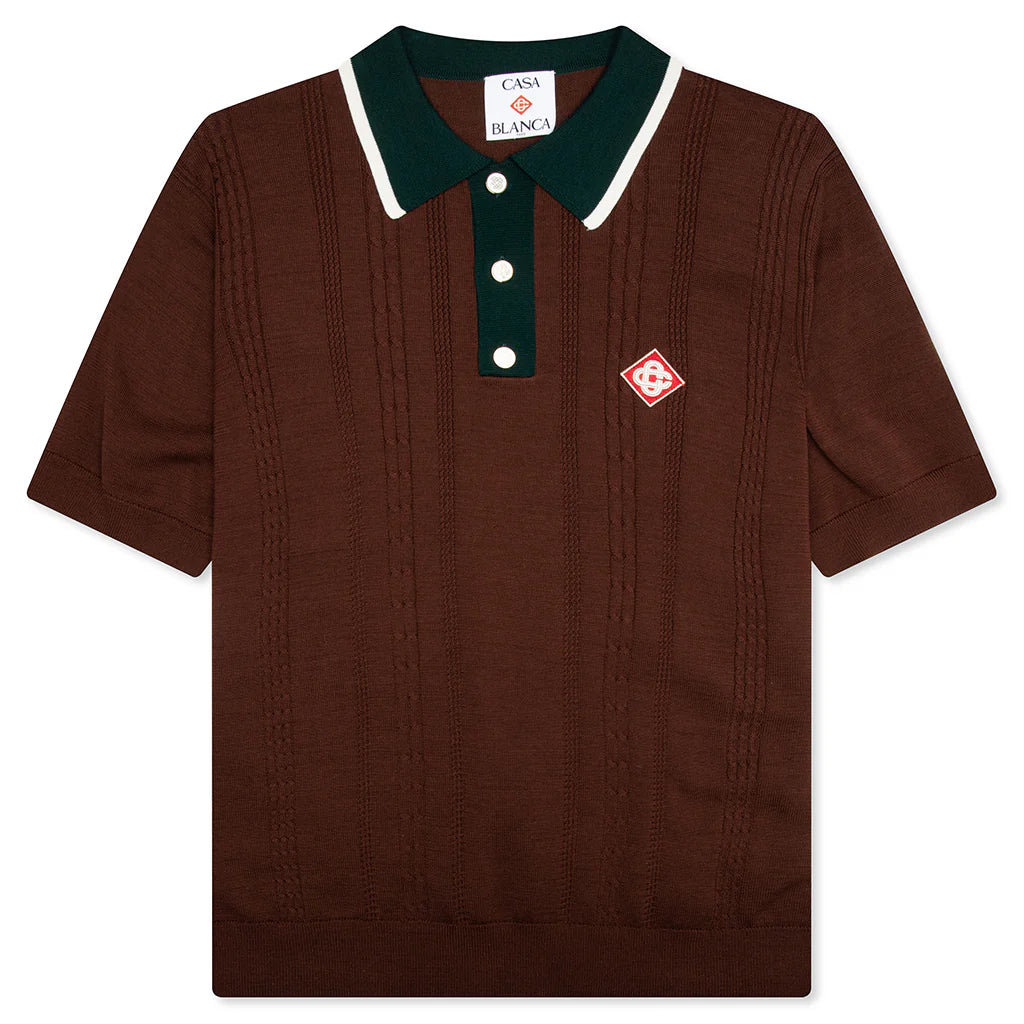 Cable Knit Oversized Polo Shirt Dark Brown