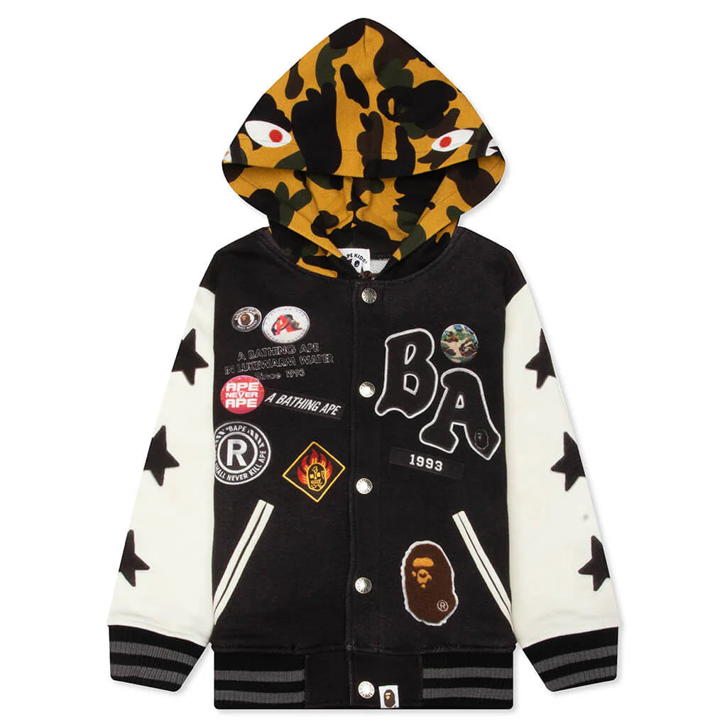 Kids 1st Camo Shark Hoodie Print Sweat Varsity Jacket Black