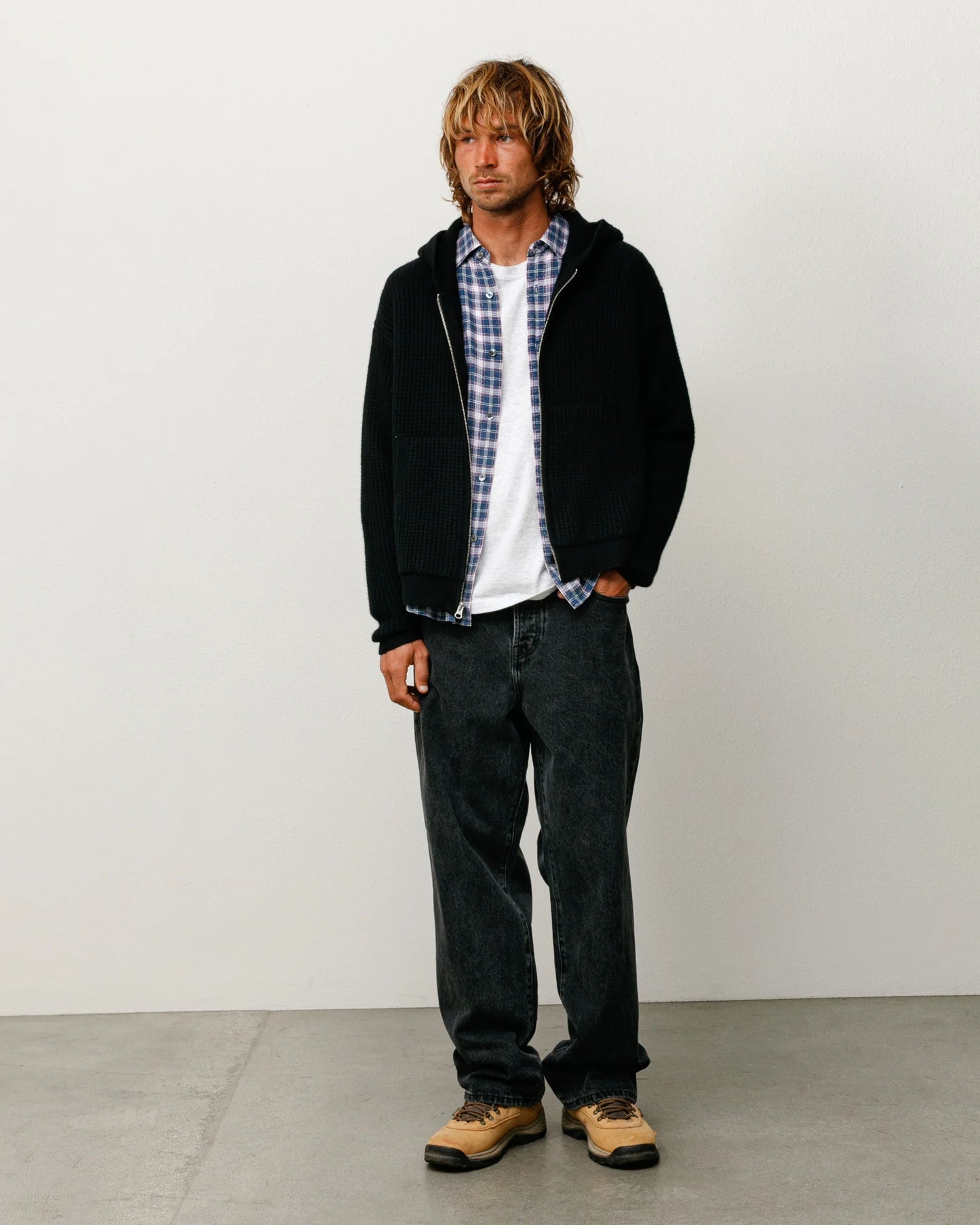 WAFFLE CASHMERE ZIP HOOD SWEATER