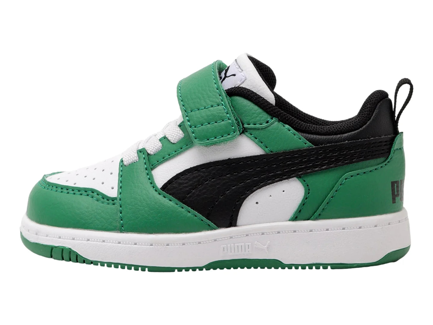 Tenis PUMA Rebound V6 Lo Blanco Negro y Verde para Niño