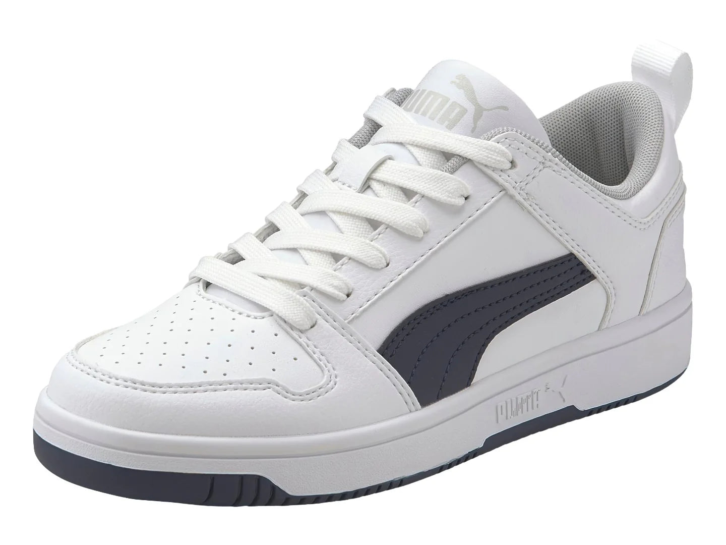 Tenis PUMA Rebound Layup Lo SL Blanco y Azul Marino para Niño