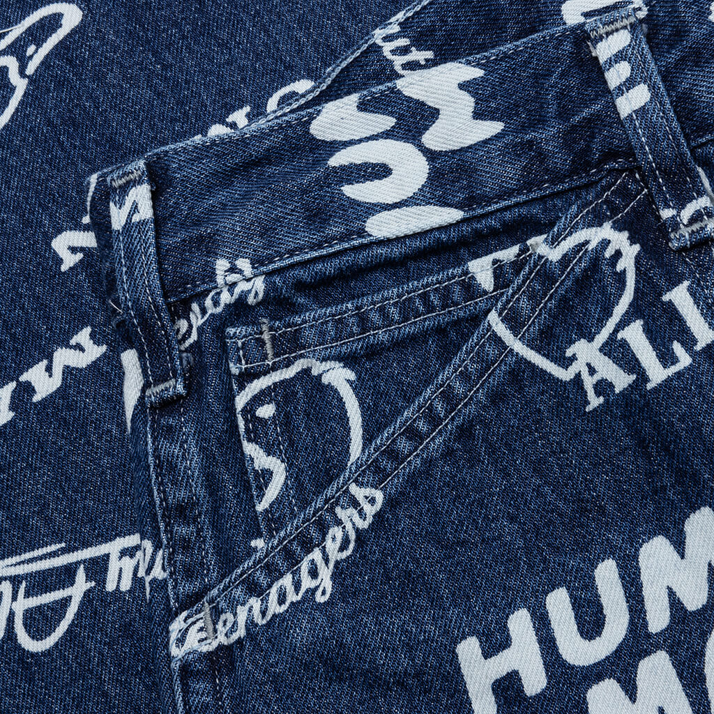 Printed Denim Baggy Jeans Indigo
