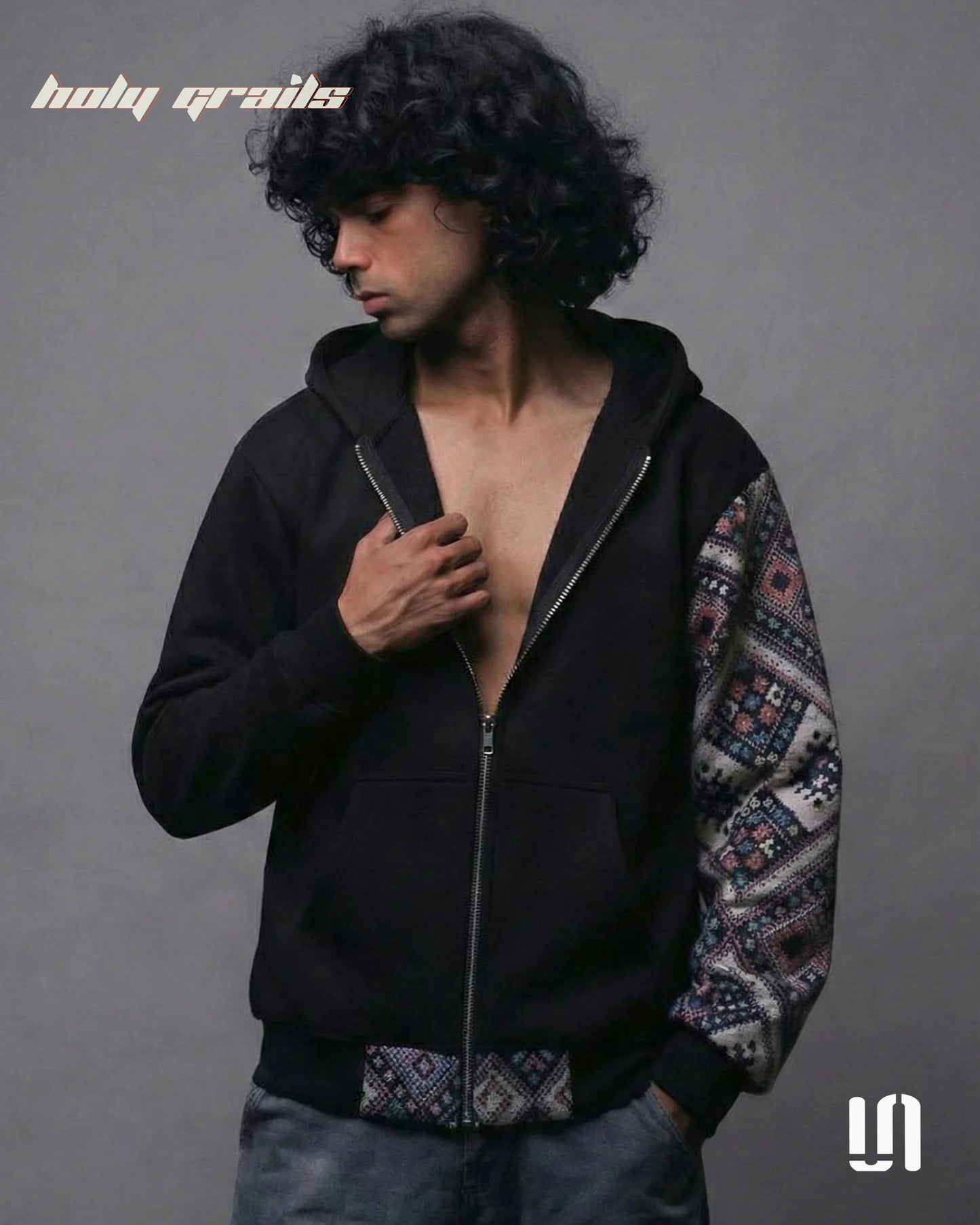 One Sleeve Jacquard Black Zipper Hoodie HG x Sullitt