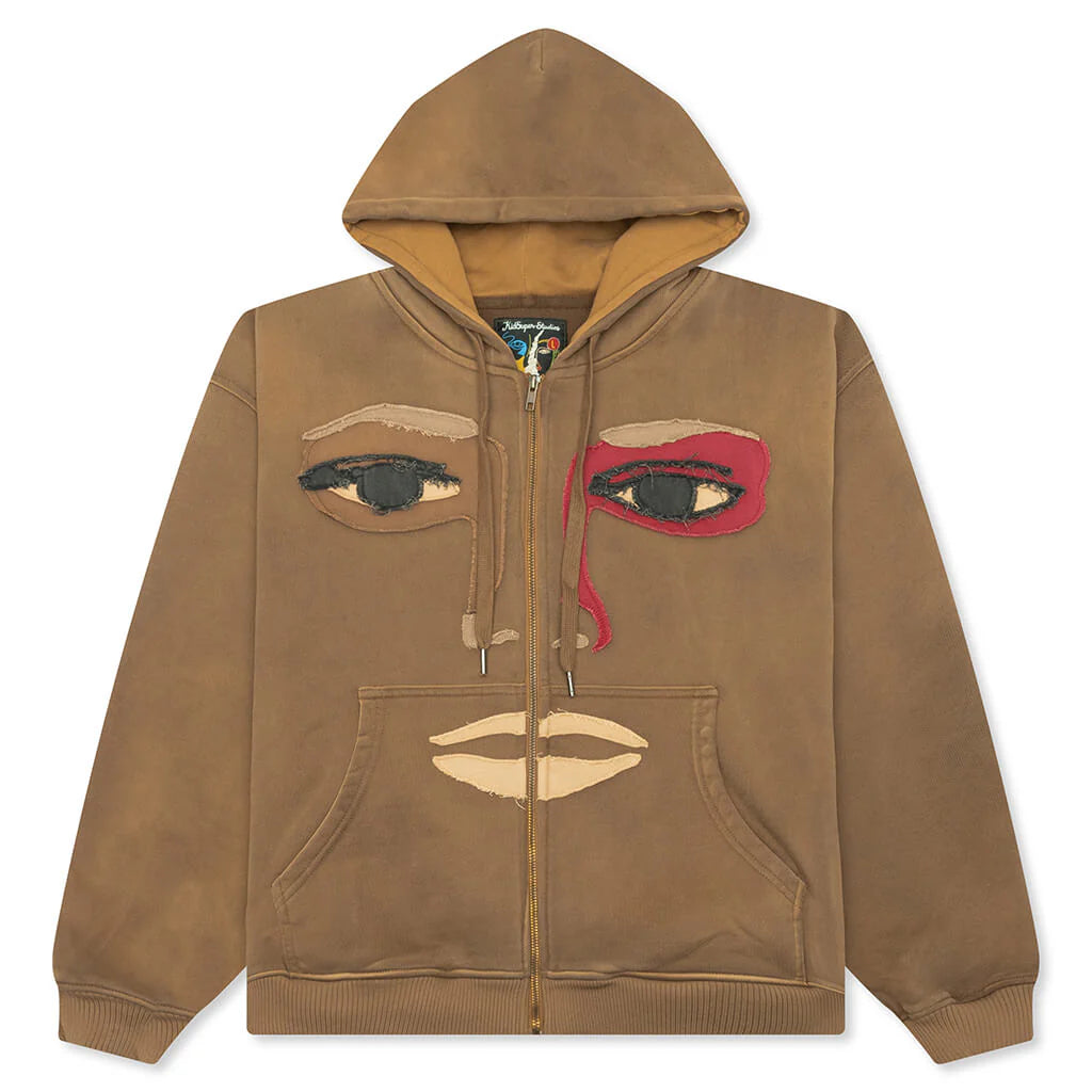 Patchwork Face Heavyweight Zip Up Hoodie Dark Brown