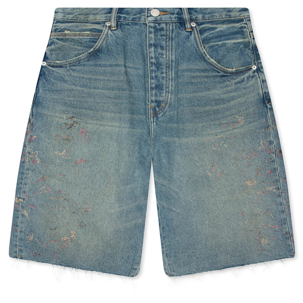 Beaded Splatter Denim Shorts Mid Indigo