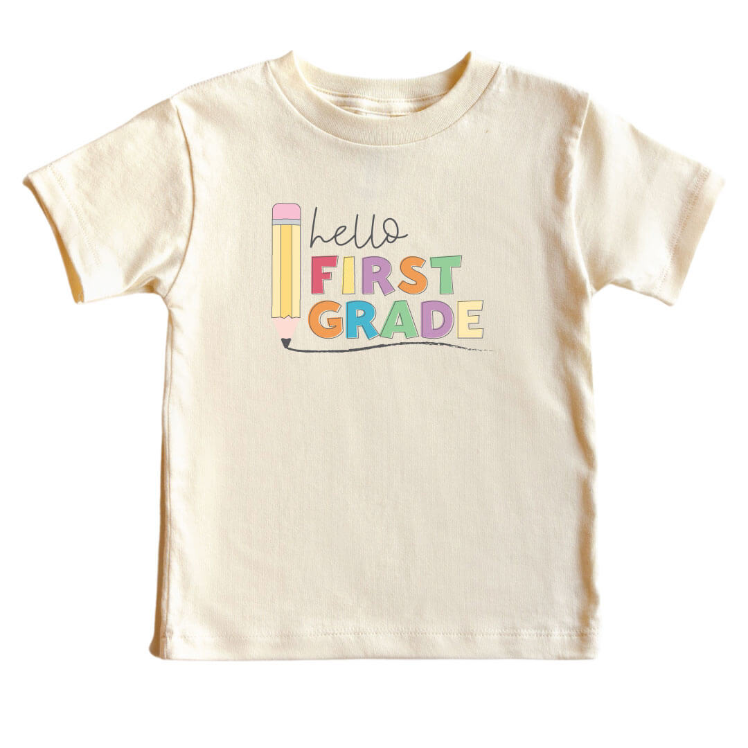 Hello New Grade Pencil Kids Graphic Tee | Natural