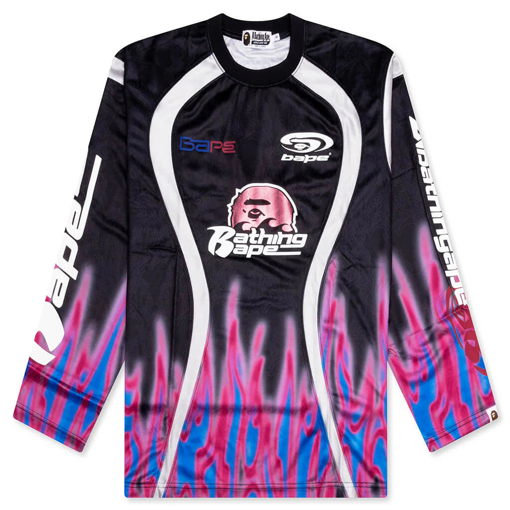 Flame Pattern Multilogo Relaxed Fit Football Jersey Black