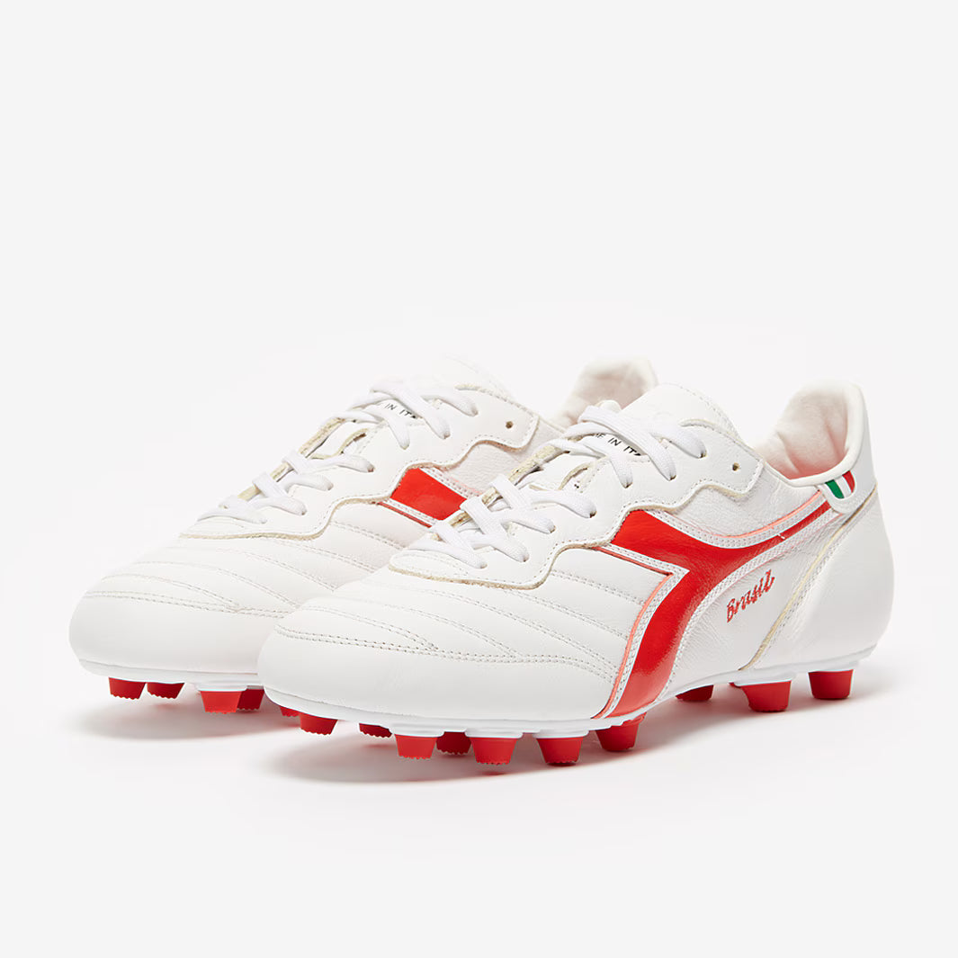 Diadora Brasil Made in Italy OG LT MDU FG Firm Ground Soccer Cleats White Milano Red