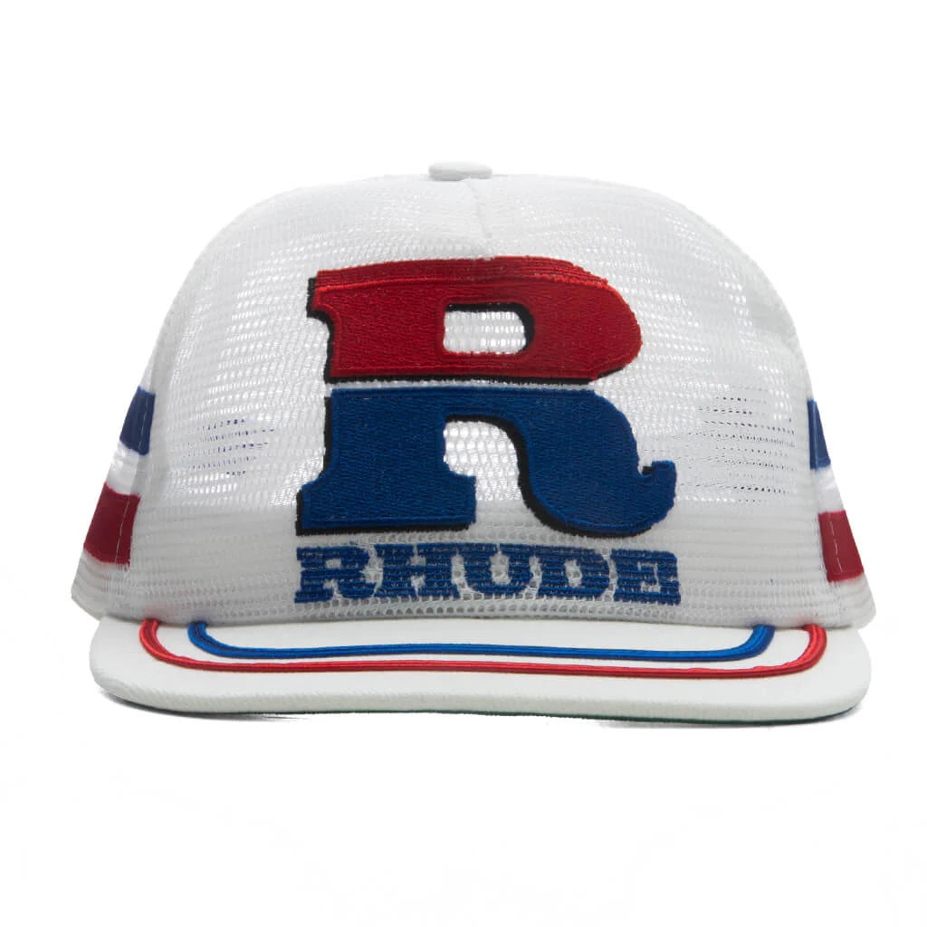 Split Petrol Logo Mesh Trucker Hat White Red Blue
