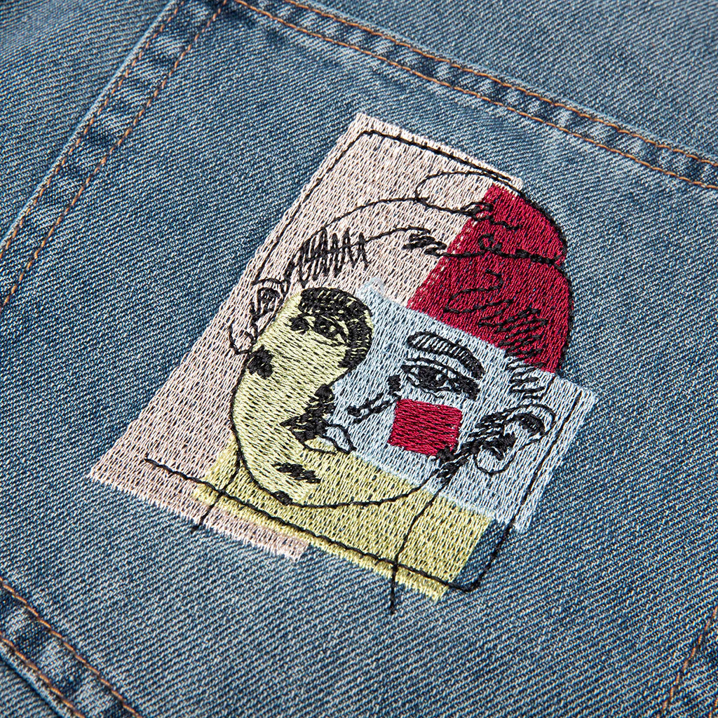Face Patchwork Baggy Shorts Light Wash