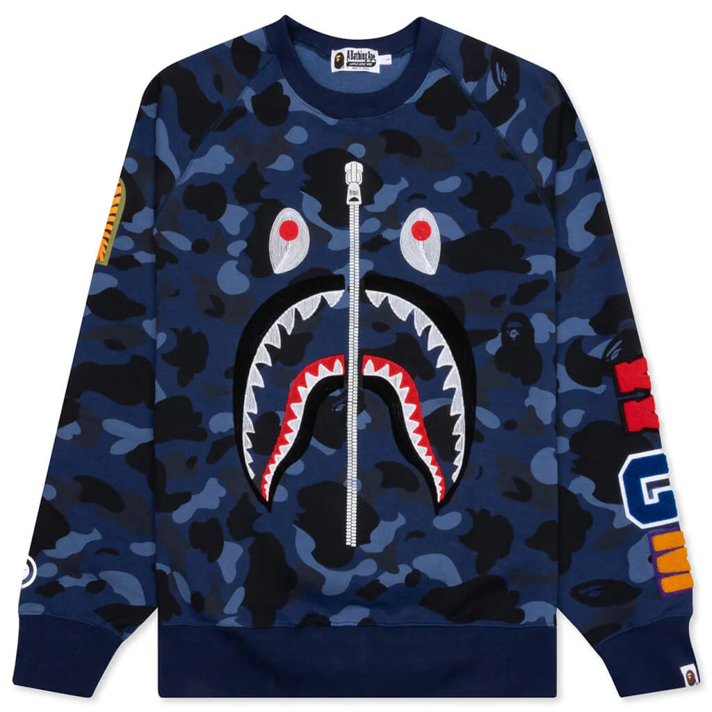 Color Camo Embroidery Shark Crewneck Navy