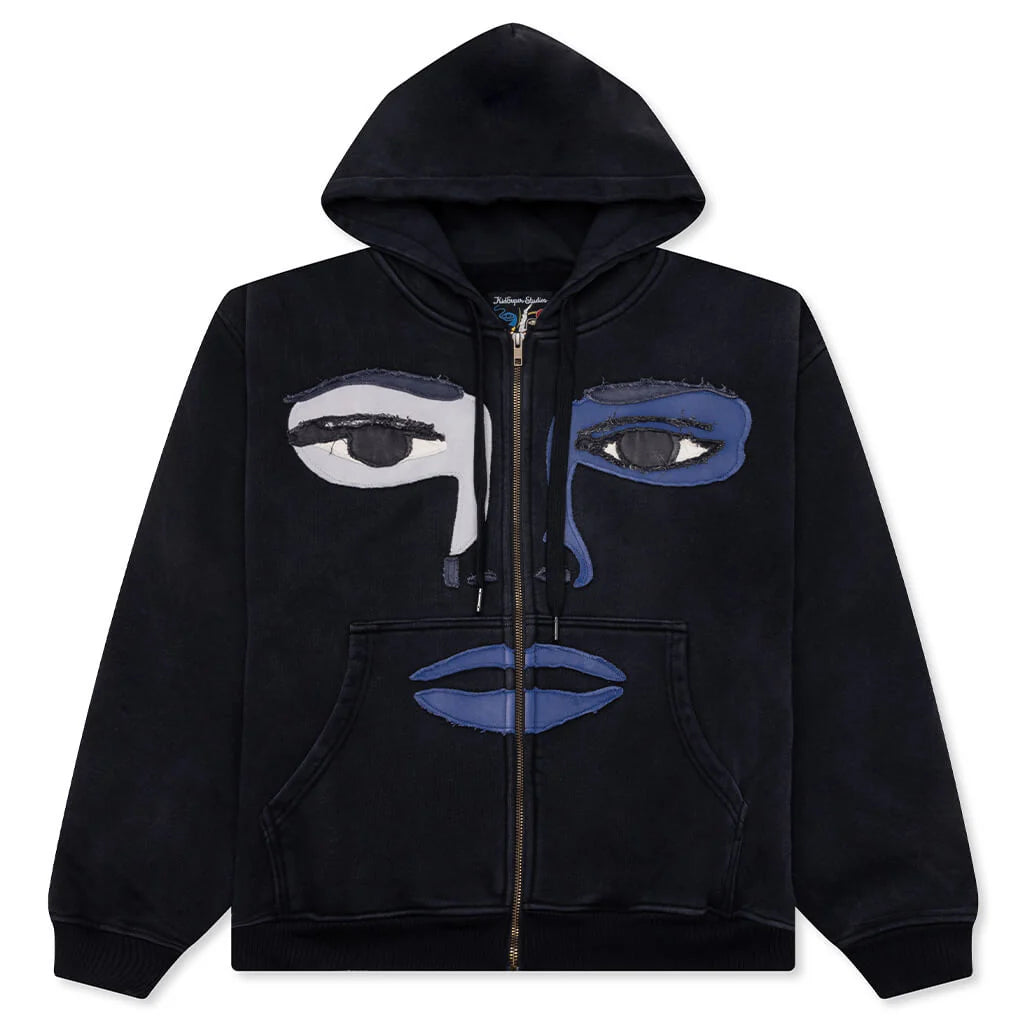 Patchwork Face Heavyweight Zip Up Hoodie Black