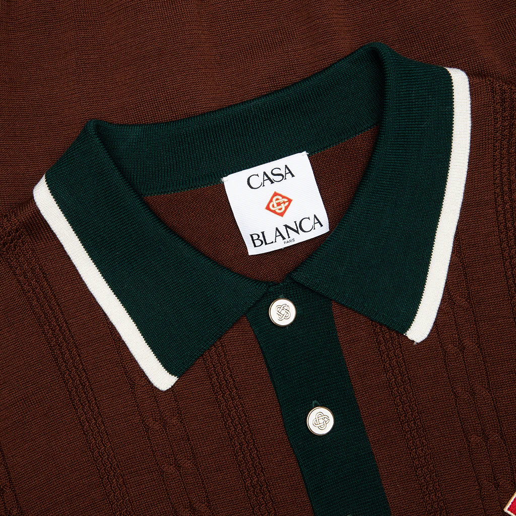 Cable Knit Oversized Polo Shirt Dark Brown