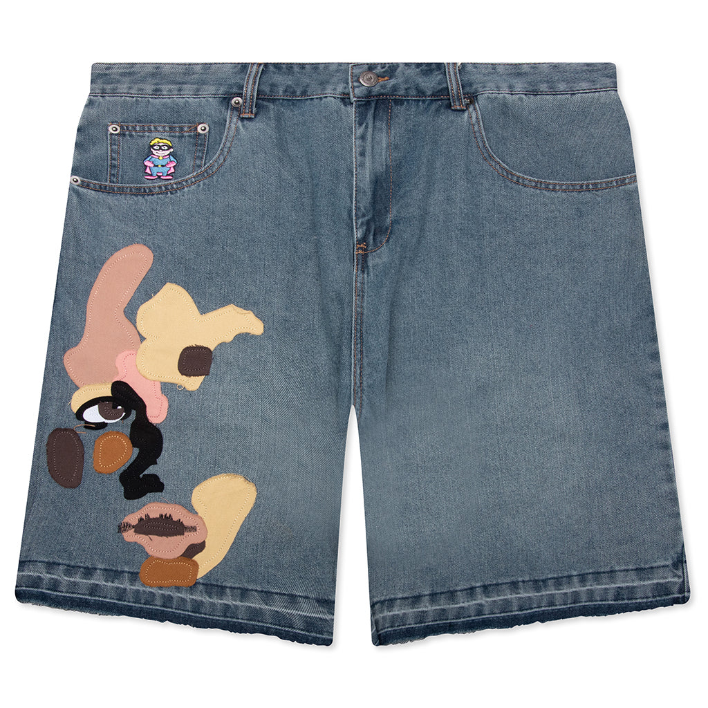 Face Patchwork Baggy Shorts Light Wash